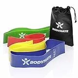 BODYMATE Fitnessbänder Set mit 4 Stärken und Transporttasche – 60cm Umfang x 5cm breit – Gymnastikband, Fitnessband, Band Loops aus Naturlatex – Widerstandsbänder Funktionelles Training