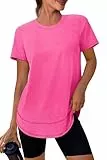 XIEERDUO Damen Kurzarm Sportshirt Rundhals, Leicht Atmungsaktiv Schnelltrocknend Mit UPF 50+ Sonnenschutz, Lockere Passform Funktionsoberteil für Fitness, Yoga Und Laufen Leuchtend Rosa L