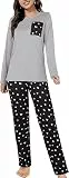 Evolyline Damen-Pyjama-Set, langärmelig, Rundhalsausschnitt, Loungewear, weites Bein, 2-teiliger Pyjama, gemütliche Nachtwäsche, graues Herz, S