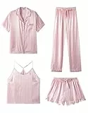 SAPJON Satin Seide Pyjama für Frauen 4-teiliges Rüschen Kerbe Kragen Nachtwäsche Button Down Kurzarm Shorts Pjs Set Loungewear