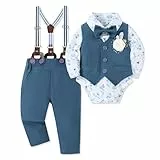SOLOYEE Baby Jungen Anzug Kleinkind Bekleidungssets, Taufbekleidung für Baby-jungen Hochzeit Outfit Langarm Strampler + Hosenträger + Weste + Fliege + Korsage (Blau, 6-12 Monate)