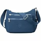 FAVORTALK Umhängetasche Damen Handtasche Mittelgroß Nylon Crossbody Bag mit Vielen Fächern Leicht Schultertasche Wasserdicht Verstellbarer Messenger Bag für Einkaufen Reisen Schule B44004 Dunkelblau
