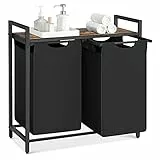 VASAGLE Wäschekorb 2 Fächer, Wäschesammler mit Ablage, Wäschebox, Wäschesack aus Oxford-Gewebe abnehmbar, Metallrahmen, 2 x 46 L, 73 x 33 x 72 cm, tintenschwarz-vintagebraun BLH201B01