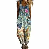 Latzhose für Damen Bunte Jeans Jumpsuit Sommer Overall Playsuit Oversized Arbeitslatzhose Gartenhose Denim Vintage Boho Patchwork Romper Lässige Hosen Große Größen Haremshose Festlich (03,XL)