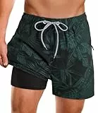APTRO Herren Badeshorts Badehose mit Innenhose Schnelltrocknend Boardshorts mit Reißverschlusstaschen Sport Shorts Palm Grün M5-49 XL
