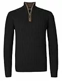Atforna Herren Stehkragen Pullover Strickpullover Winter Half Zip Pullover Troyer Herren Langarm mit Reißverschluss Zopfmuster Rippen Bündchen, Schwarz, XL