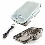 alouweekuky Faltbare Bento Box - Leak-proof Auslaufsichere Bento Lunchbox Brotdose aus Silikon Faltbare Lunchbox Lebensmittel mit drei Fächern und Löffel und Gabel für Erwachsene/Kinder (Grau)