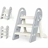 Tritthocker für Kinder Hocker Kinder Bad ab 1,5 bis 8 Jahren | 2 Stufen-3 Stufen Höhenverstellbar Kinder tritthocker | Klappbar | Sicherheit Handslauf | für Bad, Kleinkinderzimmer, Küche (Grauweiß)