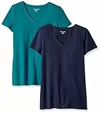 Amazon Essentials Damen T-Shirt Regular Fit mit kurzen Ärmeln und V-Ausschnitt, 2er-Pack, Dunkelgrün/Marineblau, XXL