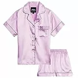 CityComfort Schlafanzug Mädchen Kurz Satin Pyjama Kinder Schlafanzug Teenager Weiche Atmungsaktive Sommer Kurzarm Schlafanzüge Loungewear Set (13-14 Jahre, Lila)