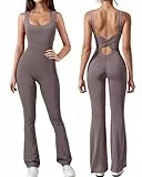 Tanou Flared Jumpsuit Sport Long Sexy Backless Cut-out Fitness Full Length Bodysuit for Women Tea Leaf S