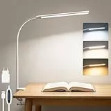 Akynite LED Schreibtischlampe Klemmbar, 2A Adapter Enthalten, 3 Farbwechsel 10 Helligkeit, USB-Anschluss mit Kabel, Lampe Schreibtisch Klemme, LED Schwanenhals Lampe Tisch, Weiß