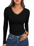 Crewhpo Thermoshirt Damen Langarm mit Spitze Oberteile V-Ausschnitt Langarmshirts Thermohemd für Frauen Thermounterwäsche Funktionsshirt Schwarz