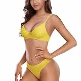 SHEKINI Sexy Dessous Damen Set BH mit Bügel Push Up Spitze Gepolstert BH und Tanga Thong Tiefer Ausschnitt Rückenfrei Lingerie Unterwäsche(Gelb,S)