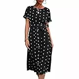 Greensen Kleid Damen Elegant Sommerkleid Knielang Kleid Taille Casual Blumenkleid Abendkleid Rüschen Strandkleid Kleid Taille Partykleid Knopfkleid(S-Schwarz)
