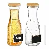 Relaxdays Wasserkaraffe, 2er Set, 1 Liter, Glaskaraffe mit Bambusdeckel, zum Beschriften, Wasserkanne, transparent/Natur