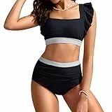 Kate Kasin Damen Bikini Set Quadratischer Ausschnitt Gepolstertes Oberteil Hohe Taille Gerüschtes Unterteil Badeanzug Bauchfrei Zweiteiliger Badeanzug Schwarz+Weiß L
