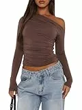OOHOKAY Langarmshirt Damen Schulterfreies Oberteil Klassischer Basic Tshirt Crop Tops Y2K Slim Fit Oberteile Casual Shoulder Streetwear(Braun-j,L)