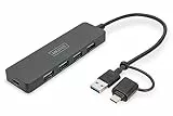 DIGITUS DA-70235 – USB Hub – 4-Port USB 3.2 Gen 1 Hub Typ A & C – Superspeed Datenübertragung bis 5 Gbit/s – Kompakt & tragbar – Plug-and-Play – Für PC, Notebook & Mac – Schwarz