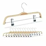 Relaxdays Kleiderbügel Hosen & Röcke, 12er Set, 2 bewegliche Klammern, B: 37,5 cm, Holz, drehbarer Haken, natur/silber