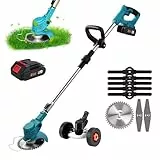 Kabelloser Rasentrimmer & Kantenschneider, 21 V Rasentrimmer, Rasenkantenschneider mit Akku und 3 Arten Klingen, elektrischer Unkrautvernichter für Rasenpflege und Gartenhofarbeiten (blau)
