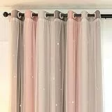 Michorinee 1 Stücke Vorhang Kinderzimmer Gardinen Blickdicht Mädchen Junge Hohle Sterne Verdunkelung Farbverlauf Kurz Ösenschal Voile für Mädchenzimmer, Grau Rosa 137 × 132cm (H × B)