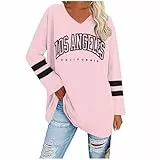UHouse Damen Tshirt Langarm Oversize Langarmshirt Locker T-Shirt Lang Herbst Longshirt Elegante Tunika Lässig Los Angeles Oberteile Casual Longsleeve Streetwear Teenager Rosa XL