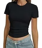 OYIGELZ Damen Basic T-Shirt Kurzarm Crop Top Y2K Slim Fit Tops Casual Tee Shirts Streetwear, Schwarz-T1, XS