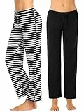 vislivin Schlafanzughose Damen Pyjamahosen Lang Freizeithose Stretch Yogahose Weiche Frauen Nachtwäsche Hosen Schwarz/Schwarz Streifen-1 S