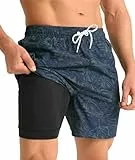 APTRO Herren Badehose Badeshorts Schwimmhose Board Shorts Kurz Schnelltrocknend 2 in 1 Strand Shorts mit Innenhose Blau MK324 XL