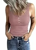 Fessceruna Damen Tops Sexy U-Ausschnitt Tank top Ärmellos Sommer Oberteile Gerippt Camisole mit Knöpfen(Dunkelrosa, S)