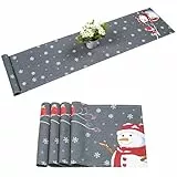 Yugarlibi Weihnachten Grau Tischläufer und Tischsets 5er Set, Schneemann Winter Abwaschbar Tischläufer 35x180cm, Schneeflocke wasserdichte Tischsets 45x30cm für Esstisch Winter Home Party