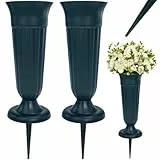 VGECEE Grabvase mit Erdspieß 2 Stück Friedhofsvase mit Sockel Grab Vaseneinsatz 21 cm*10 cm Grün Grab Vase Einsatz Stehend Kunststoff Blumenvase für Nass- und Trocken-Blumen als Grabschmuck