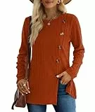 XIEERDUO Damen Pullover Herbst Winter Strickpullover Rundhals Langarmshirt Schlitz Tunika Top Mit Knöpfen Oberteile Elegant Orange S