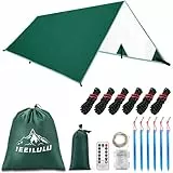 IEEILULU Tarp Wasserdicht 3x3/3x4/3x5m, Ultraleicht Camping Zeltplane mit Ösen+8 Erdnägel+ 8 Seilen+ Licht, Regenschutz Sonnenschutz für Camping Outdoor Picknick Wandern Hängematte