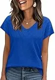 WIHOLL Pullover Damen Kurzarm Sommer Elegant T Shirt Leicht V-Ausschnitt Stretch Oberteile Basic Strickpullover Tops Blau XL