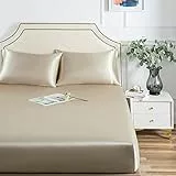 Damier Satin Spannbettlaken 160x200cm Beige Seide Glänzend Spannbetttuch Hochwertiges Satin Deluxe Bettlaken, geeignet für Matratzen bis 25cm