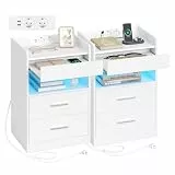 Hzuaneri Nachttisch 2er Set, Beistelltisch mit Tablett, Nachtschrank mit Ladefunktion & LED-Beleuchtung, 2 Schubladen, Modern, für Schlafzimmer, Wohnzimmer 35 x 40 x 64 cm, Weiß NS33603XEU