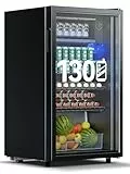 Devoko 93L Getränkekühlschrank für bis zu 130 Dosen, mit Glastür und LED-Innenbeleuchtung. Inklusive höhenverstellbarer Regale für Cola, Bier und Wein. Ideal für Haushalt und Büro in Schwarz.