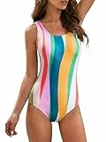 Nivarela Damen Einteiliger Badeanzug Monokini mit U-Ausschnitt, Bauchweg, Hoch Tailliert, Figurformend, Sexy Schnitt, Schwimmbekleidung, Sommerstrand, Poolparty, Urlaub, Schwimmen Streifen XL