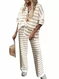 Tankaneo 2-teiliges gestreiftes Damen-Set, gehäkelt, Strick, kurzärmelig, Tops und Hosen, Strandurlaub-Outfits, khaki, S