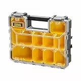 STANLEY FATMAX Profi Werkzeug-Organizer (45 x 12 x 36 cm, tiefe Fächer, mit transparentem, schlagfestem Deckel, integriertem Griff & Kunststoffschließen, 10 herausnehmbare Boxen) 1-97-521