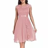 Kleid Hochzeitsgast Damen | Festliches Elegantes Spitzenkleid mit Kurzarm & Rüschen | Cocktailkleid & Abendkleid für Hochzeit und Abschlussball aus Chiffon,07 Rosa,S