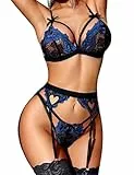 RSLOVE Damen Dessous Set mit Strumpfhalter - 3-teiliges Spitzen Teddy Babydoll Bodysuit Noir Bleu M