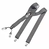 DonDon Hosenträger Herren extra stark gepunktet grau weiß 3,5 cm Hosenträger Herren breit mit brauem Leder in Y-Form lang - Starke Clips passend für Anzug Jeans Chinos Vintage Rockabilly Suspenders