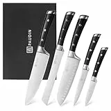 PAUDIN Messerset 5 Teilig, Küchenmesser Set mit Kochmesser, Brotmesser, Santokumesser, Gemüsemesser und Allzweckmesser, Scharfe Messer Set aus Hochwertigem Carbon Edelstahl und ABS Griff