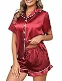 Niwicee Satin Schlafanzug Damen mit Knopfleiste Kurz Nachtwäsche Pyjamas Set Zweiteiliger Nachtwäsche Hausanzug PJs V-Ausschnitt Loungewear (Burgunderrot, S)