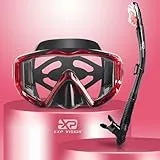 Trockenschnorchel-Set, Pano 3-Fenster-Schnorchelmaske, Anti-Fog-Taucherbrille und Schnorchel, professionelle Schnorchelausrüstung für Erwachsene (Schwarz-rot)