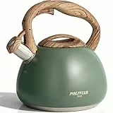 Poliviar Wasserkessel Induktion, Edelstahl Pfeifkessel, Teekessel für alle Kochplatten, Flötenkessel mit Holzmasergriff, Wasserkocher für Tee & Kaffee, max. 2.7L, Wildes grün