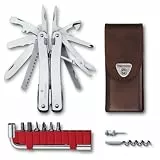 Victorinox Multifunktionswerkzeug Swiss Tool Spirit X Plus, 35 Funktionen, Swiss Made, Multitool mit Feststellklinge, Inkl. Leder-Etui, Silber